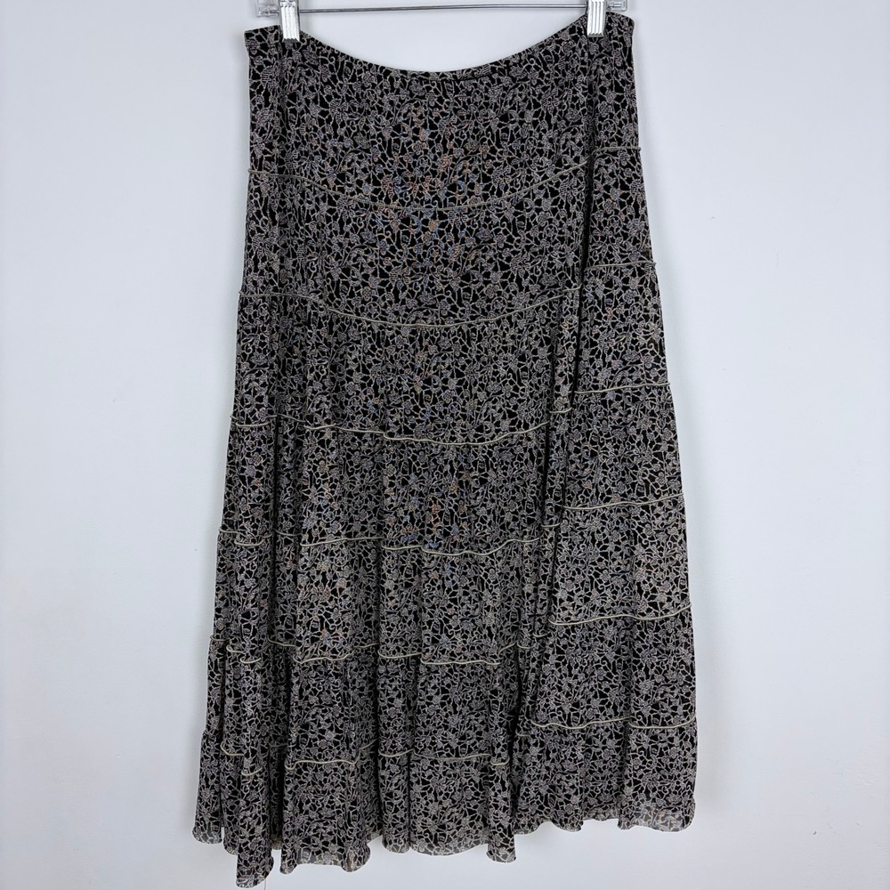 Max Studio Tiered Maxi Skirt Black Floral Y2K Boho Long Flared Full Size Large